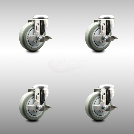 SERVICE CASTER 4 Inch 316SS Gray Polyurethane Wheel Swivel Bolt Hole Caster Set with Brake SCC SCC-SS316BH20S414-PPUB-TLB-4